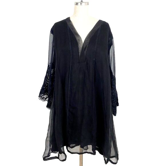 Agha Noor Silk Tunic Top Size L Black Embroidered V-Neck Whimsy Witchy Party - Picture 1 of 10